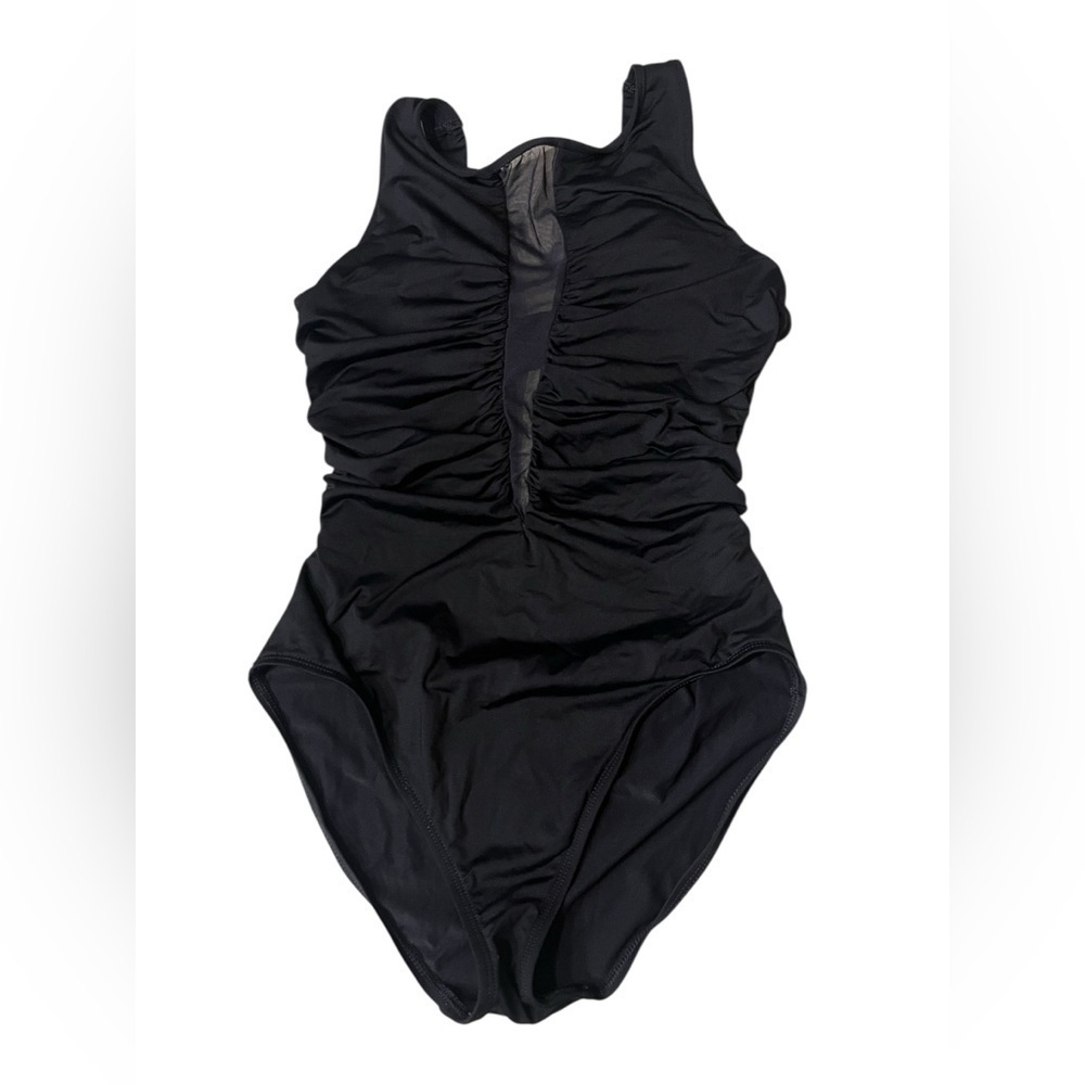 La Blanca Sheer and Present Danger Black One Piece Ruched Swimsuit Sz 10